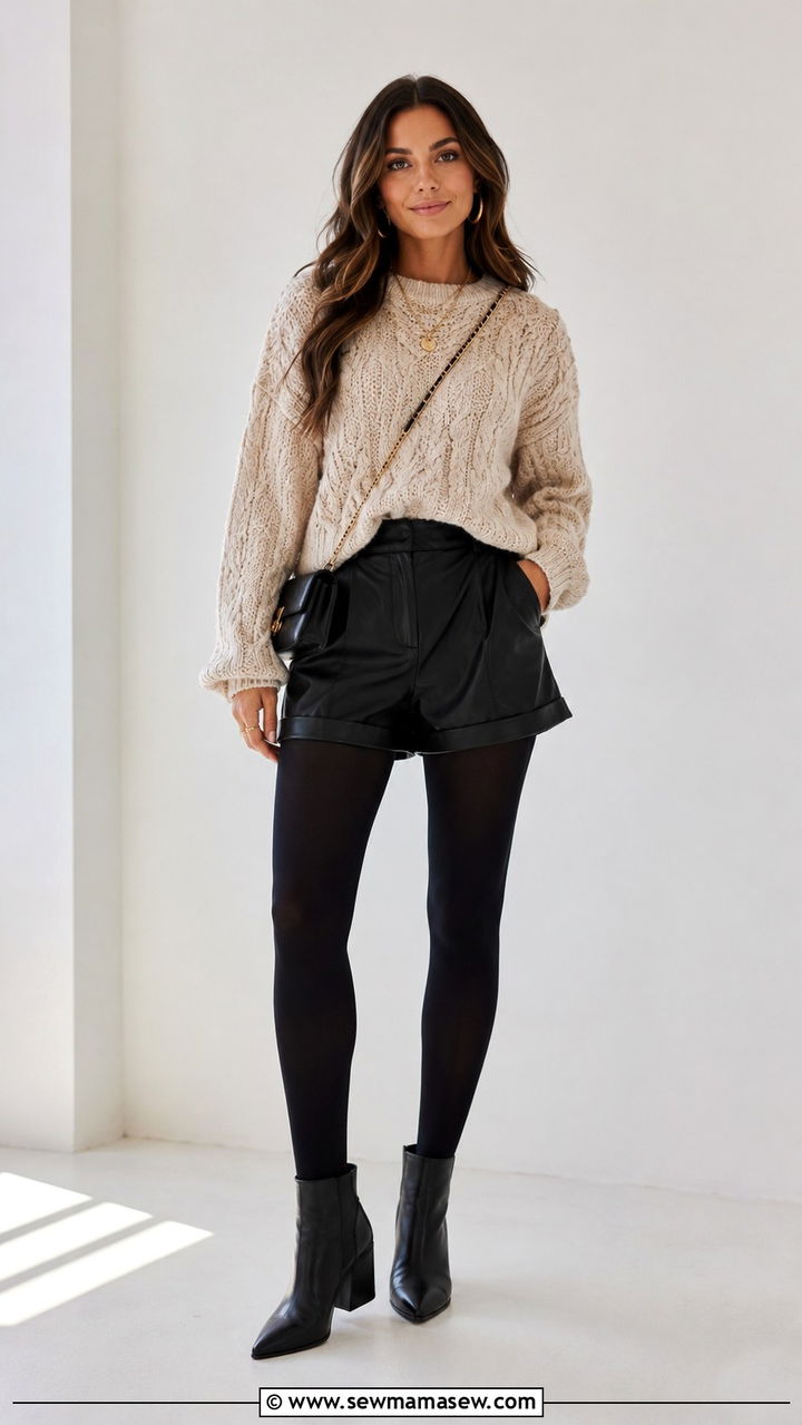Cable Knit Sweater with Leather Shorts and Tights - 30 Shoulder season outfit ideas
