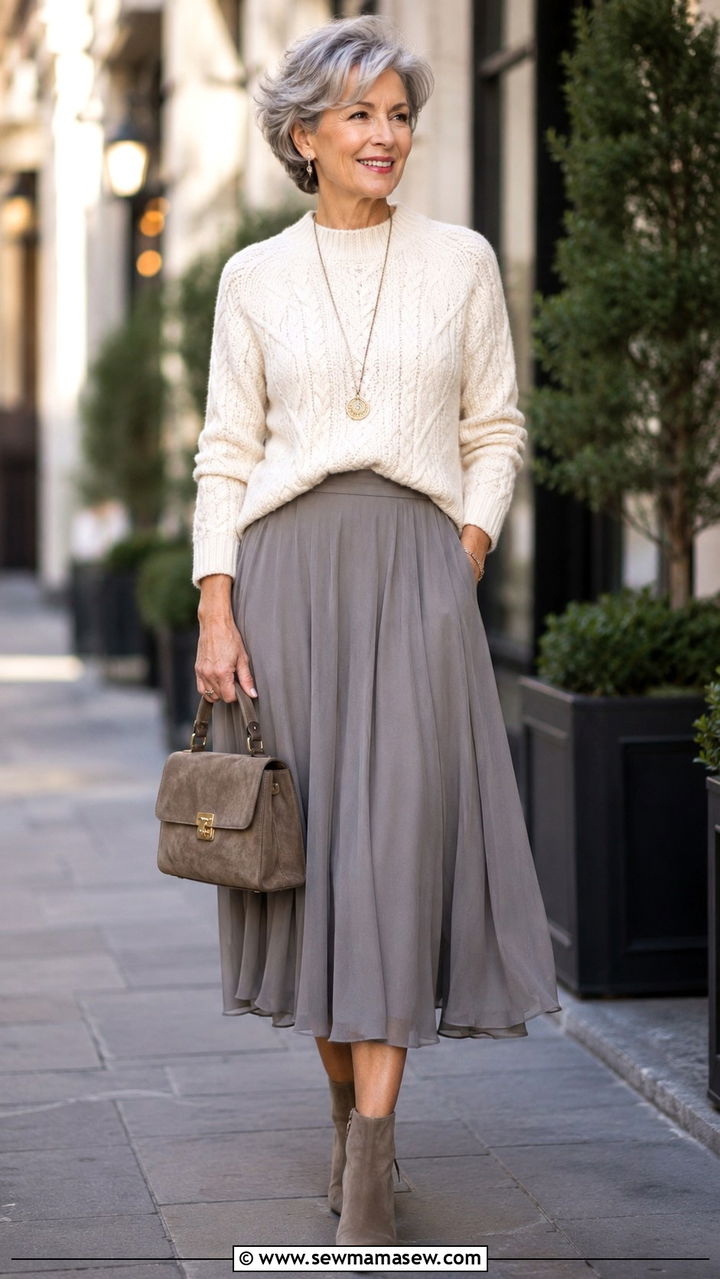 Cable Knit Sweater with Midi Skirt and Ankle Boots - 25 Weekend outfit ideas for women over 60