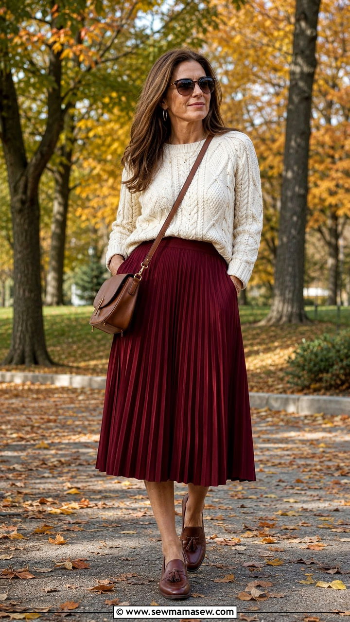 Cable Knit Sweater with Pleated Midi Skirt and Loafers - 25 preppy outfit ideas for women over 40