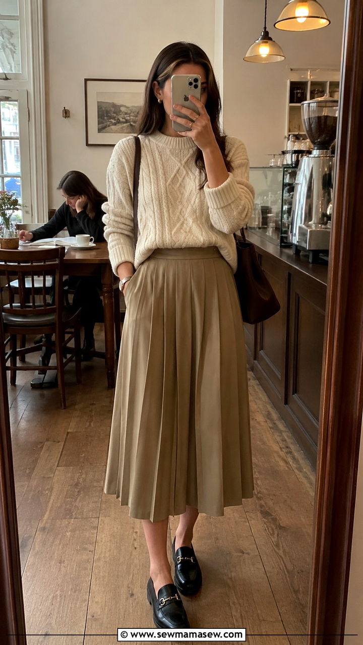 Cable Knit Sweater with Pleated Midi Skirt and Loafers - 25 Old money outfit ideas affordable