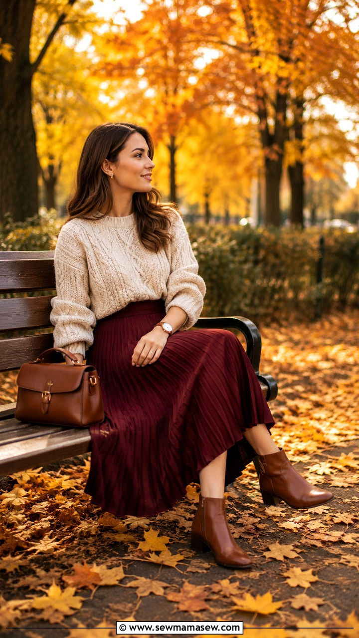 Cable Knit Sweater with Pleated Midi Skirt - 30 classy boho chic outfits