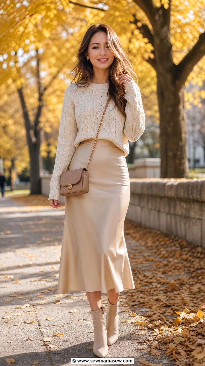 Cable Knit Sweater with Satin Midi Skirt Outfit - 25 Petite outfit ideas under 5'4