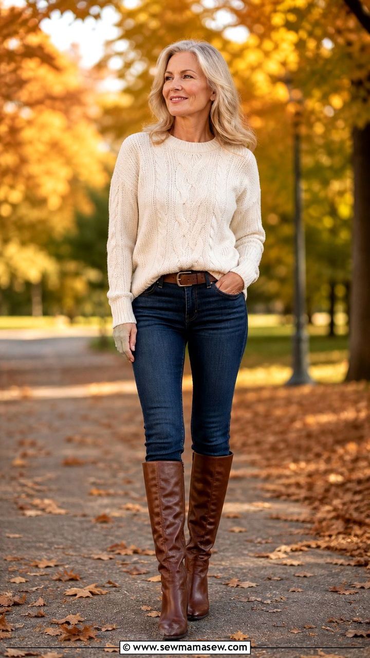 Cable Knit Sweater with Skinny Jeans and Tall Boots - 40 Outfit ideas for women over 50