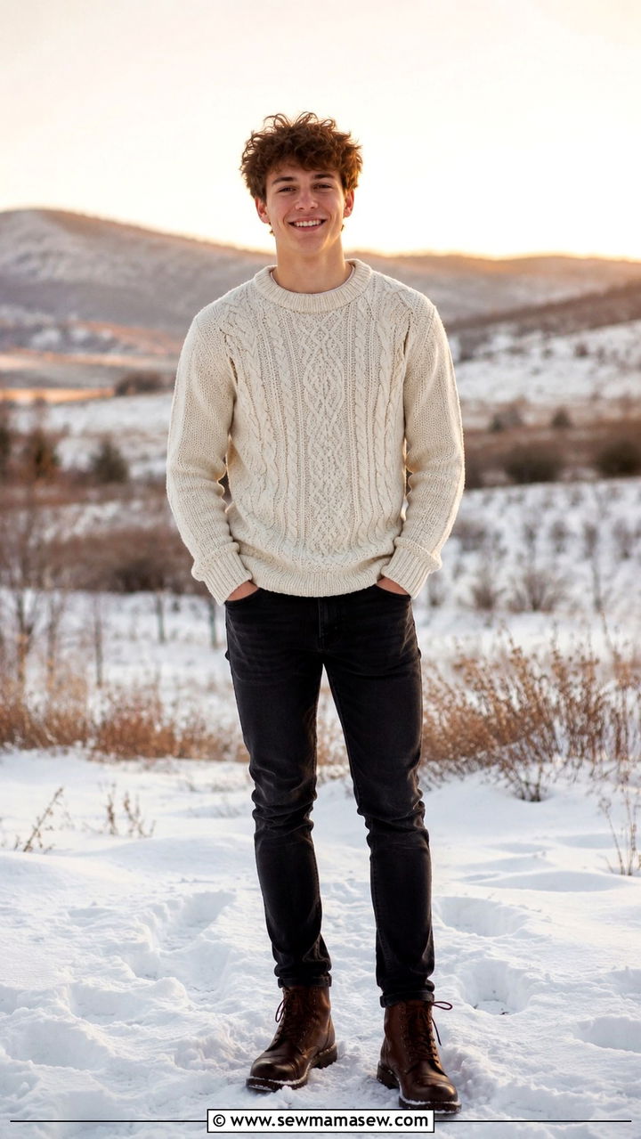 Cable Knit Sweater with Slim Jeans and Leather Boots - 30 Senior photo outfit ideas for guys