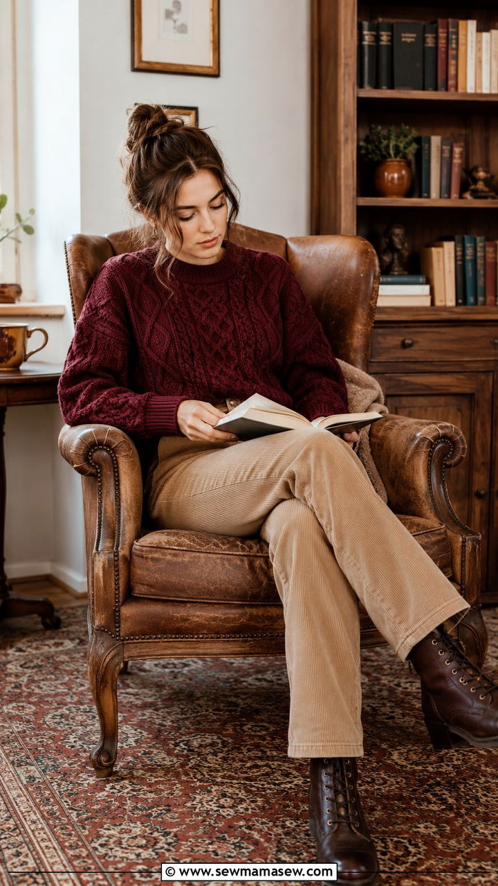 Cable Knit Sweater with Straight Leg Corduroy Trousers - 20 dark academia outfits to copy