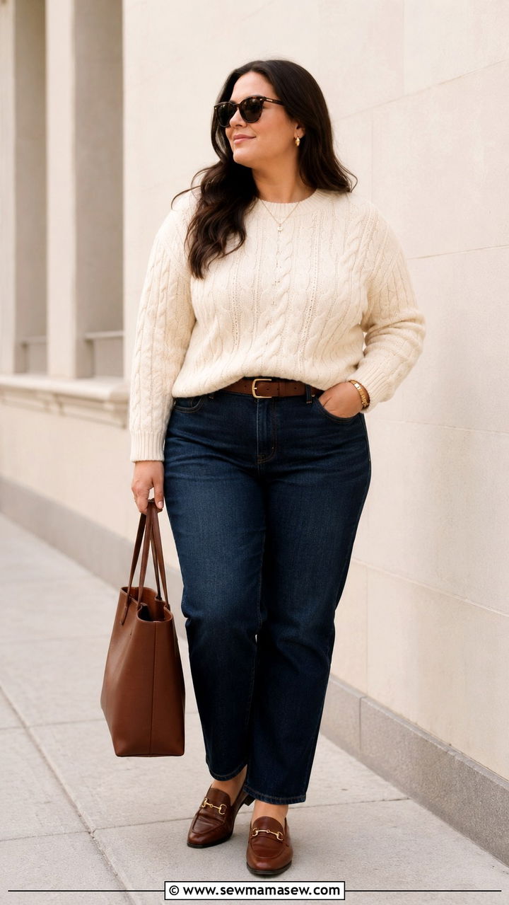 Cable Knit Sweater with Straight Leg Jeans and Loafers - 30 Old money outfits plus size