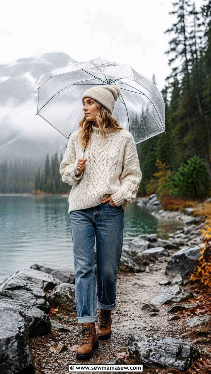 Cable Knit Sweater with Straight Leg Jeans and Rugged Boots - 20 rainy day outfits 2026