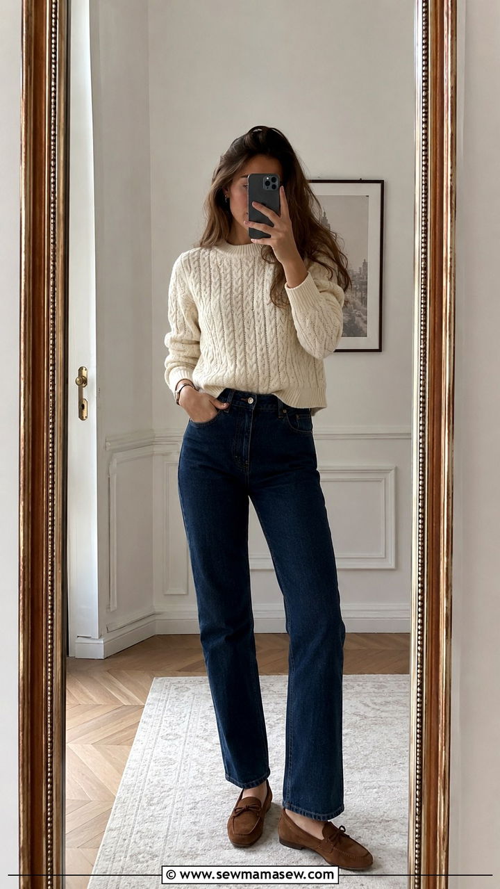 Cable Knit Sweater with Straight Leg Jeans - 25 Old money outfit ideas with driving loafers