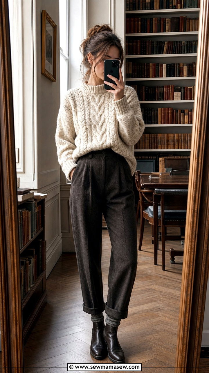 Cable Knit Sweater with Tailored Wool Trousers and Ankle Boots - 25 cute dark academia outfits