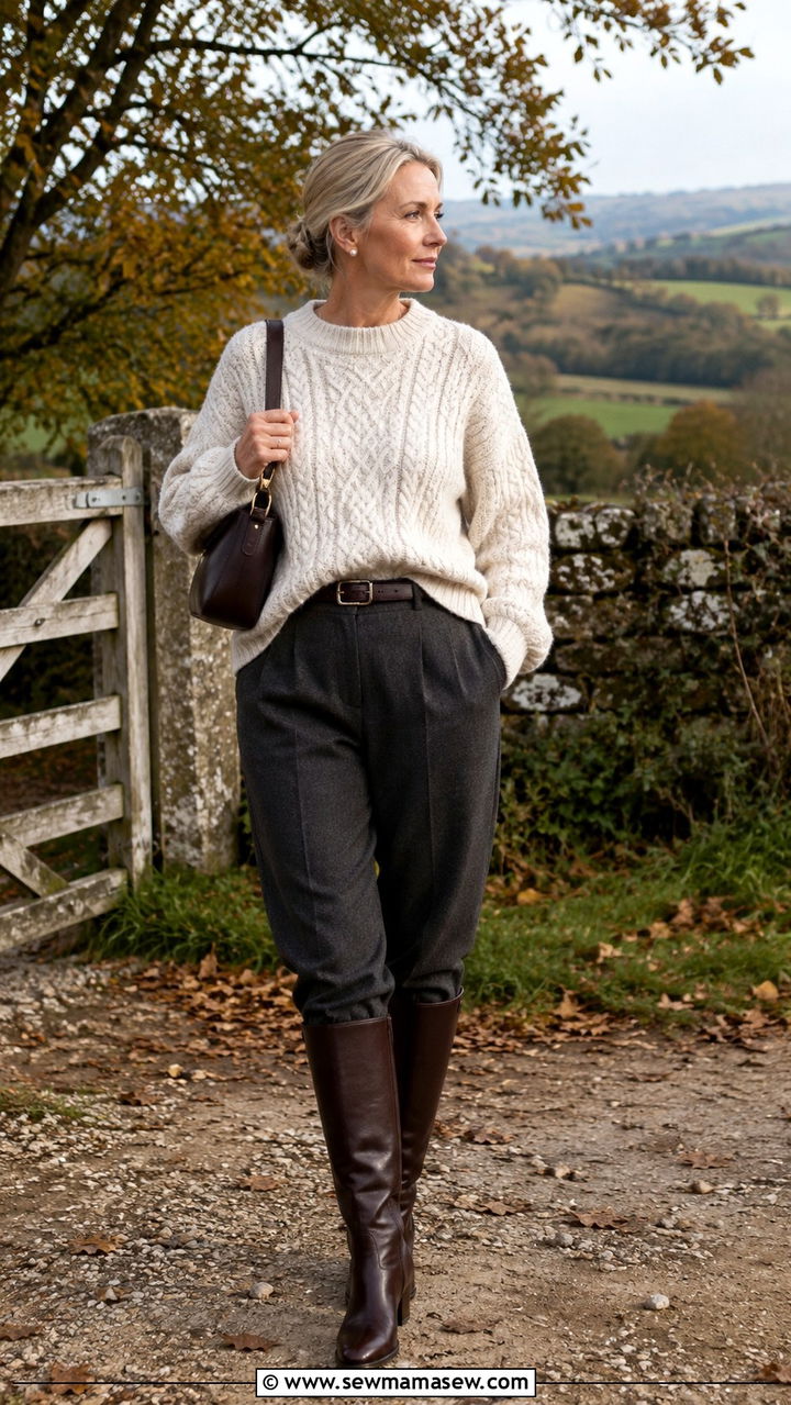 Cable Knit Sweater with Tailored Wool Trousers and Riding Boots - 30 Quiet luxury outfits for women over 50