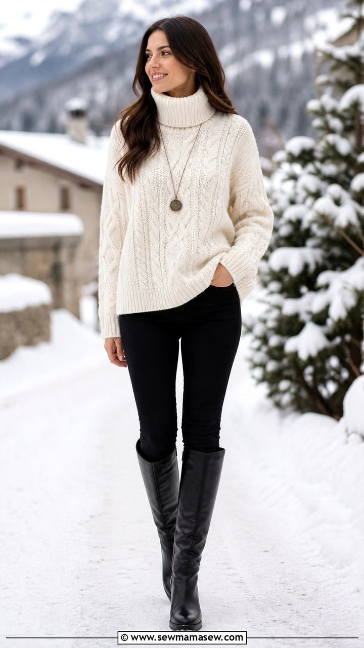Cable Knit Sweater with Tall Boots Outfit - 40 Classic outfit ideas