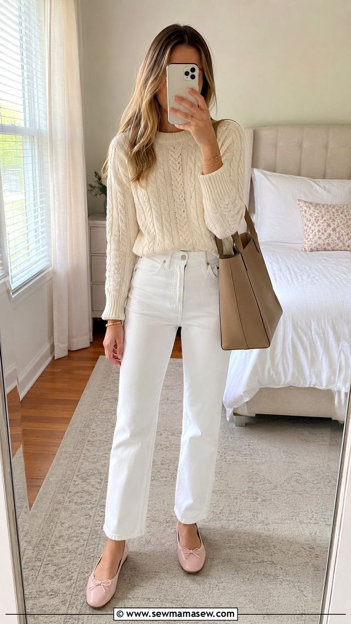 Cable Knit Sweater with White Jeans and Ballet Flats - 30 Spring preppy outfits 2026