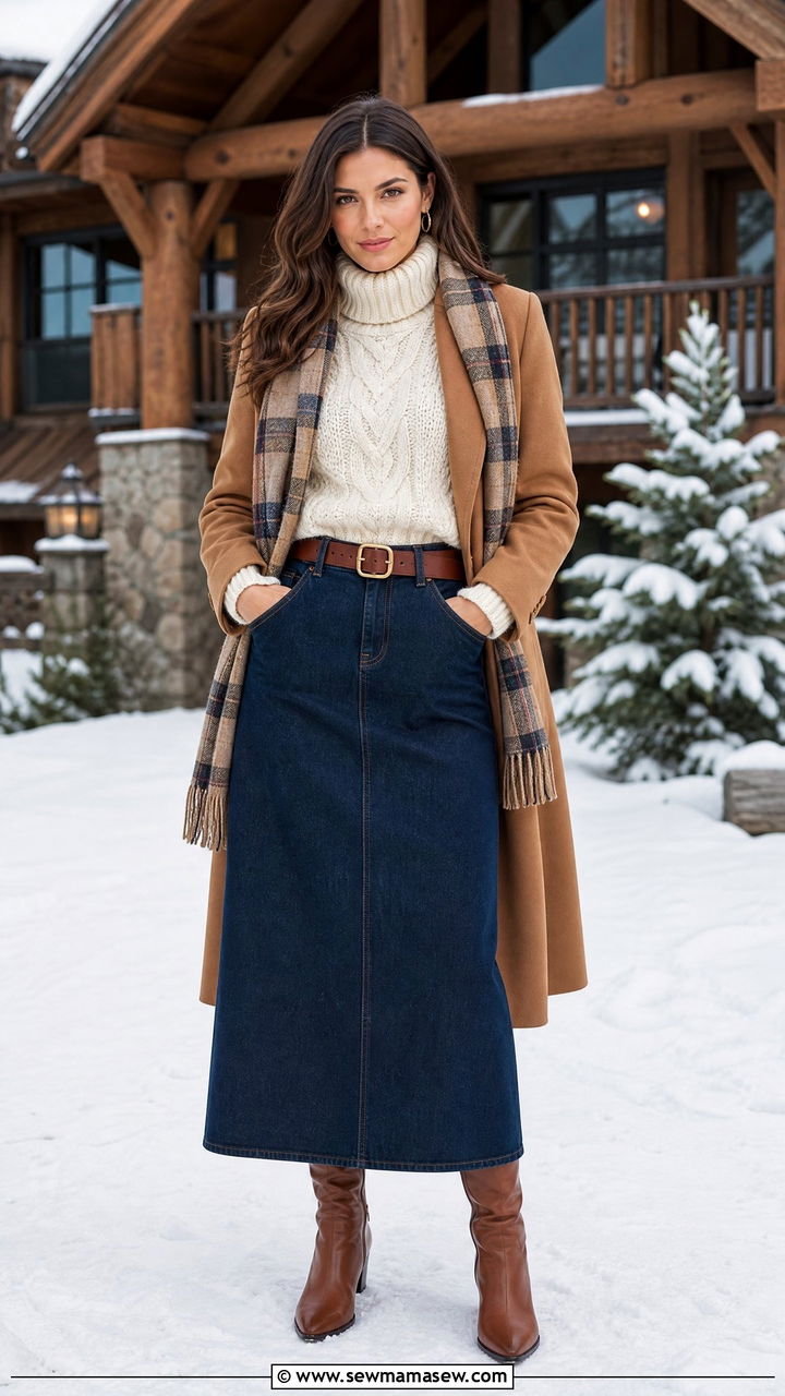 Cable Knit Turtleneck Sweater and Riding Boots With a Denim Maxi Skirt - 30 denim maxi skirt outfit ideas