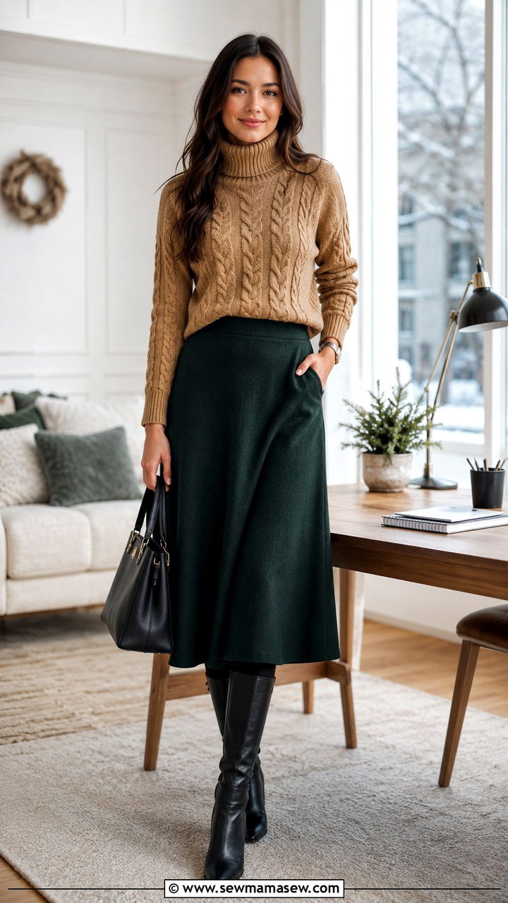Cable Knit Turtleneck With Midi Skirt And Leather Boots - 30 Preppy work outfits