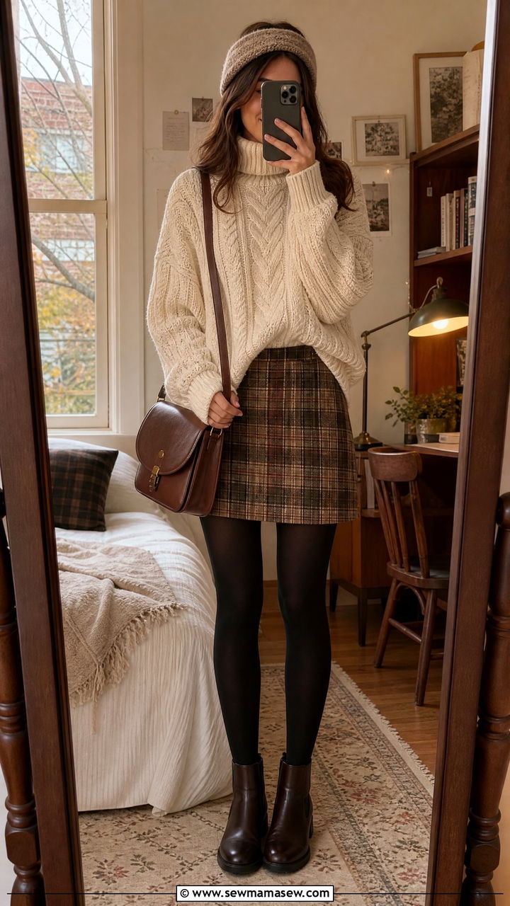 Cable Knit Turtleneck With Plaid Mini Skirt And Tights - 30 preppy outfit ideas for women