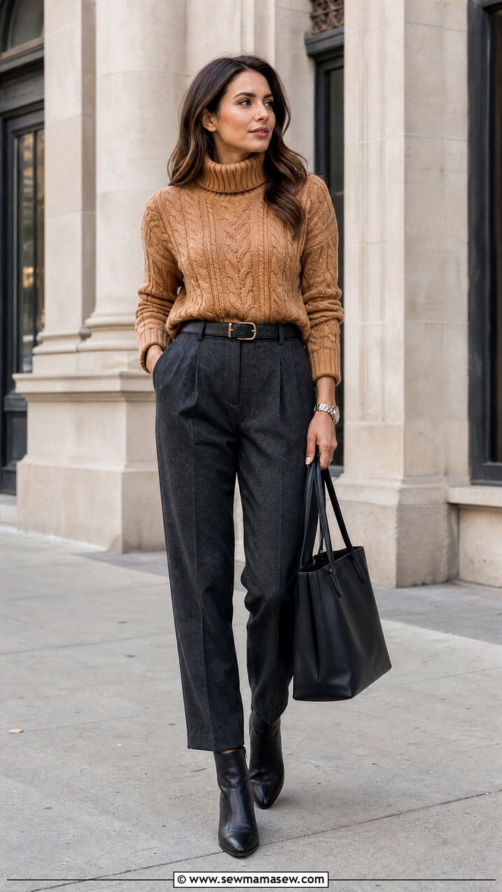 Cable Knit Turtleneck and High Waisted Trousers - 30 Dark academia work outfits