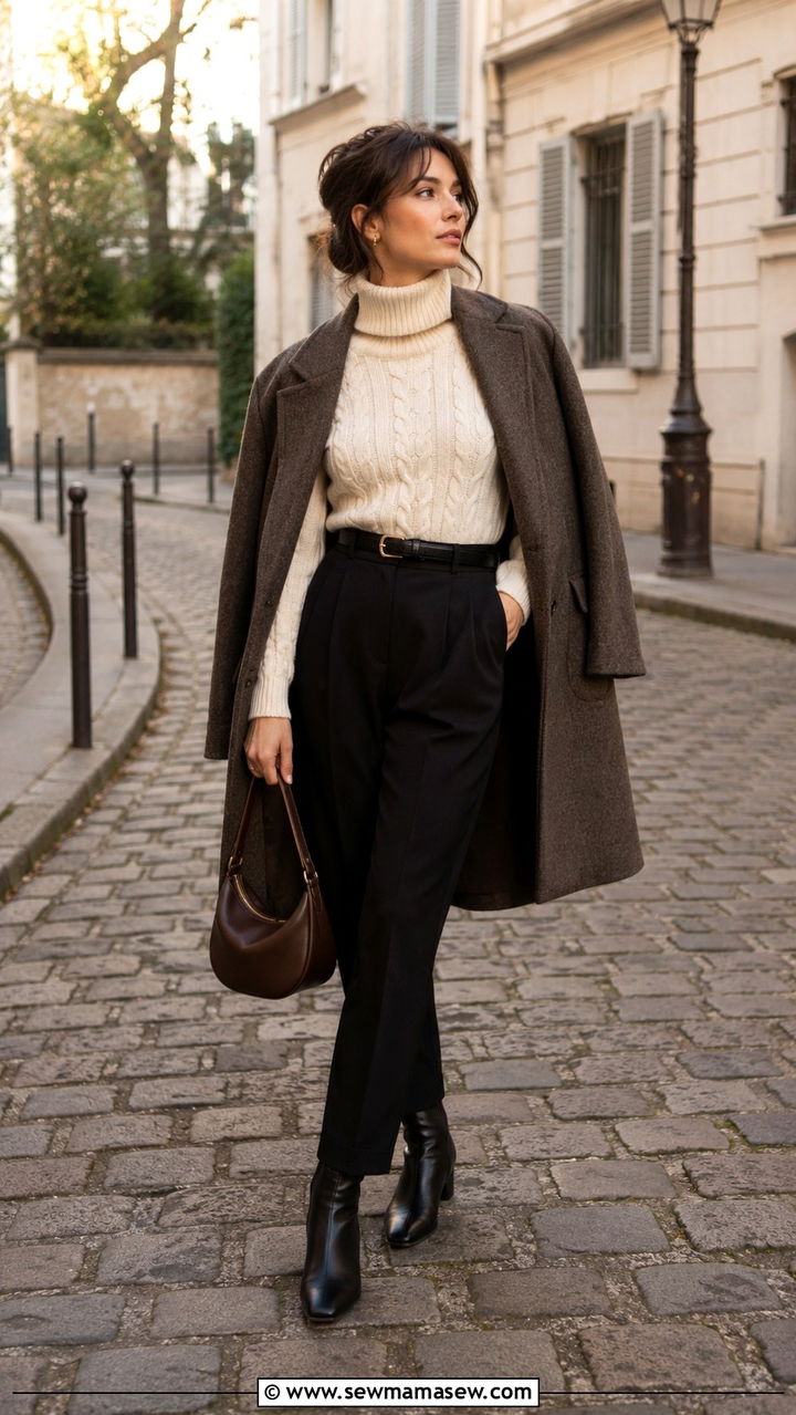 Cable Knit Turtleneck with Tailored Trousers - 30 Romantic academia outfit ideas