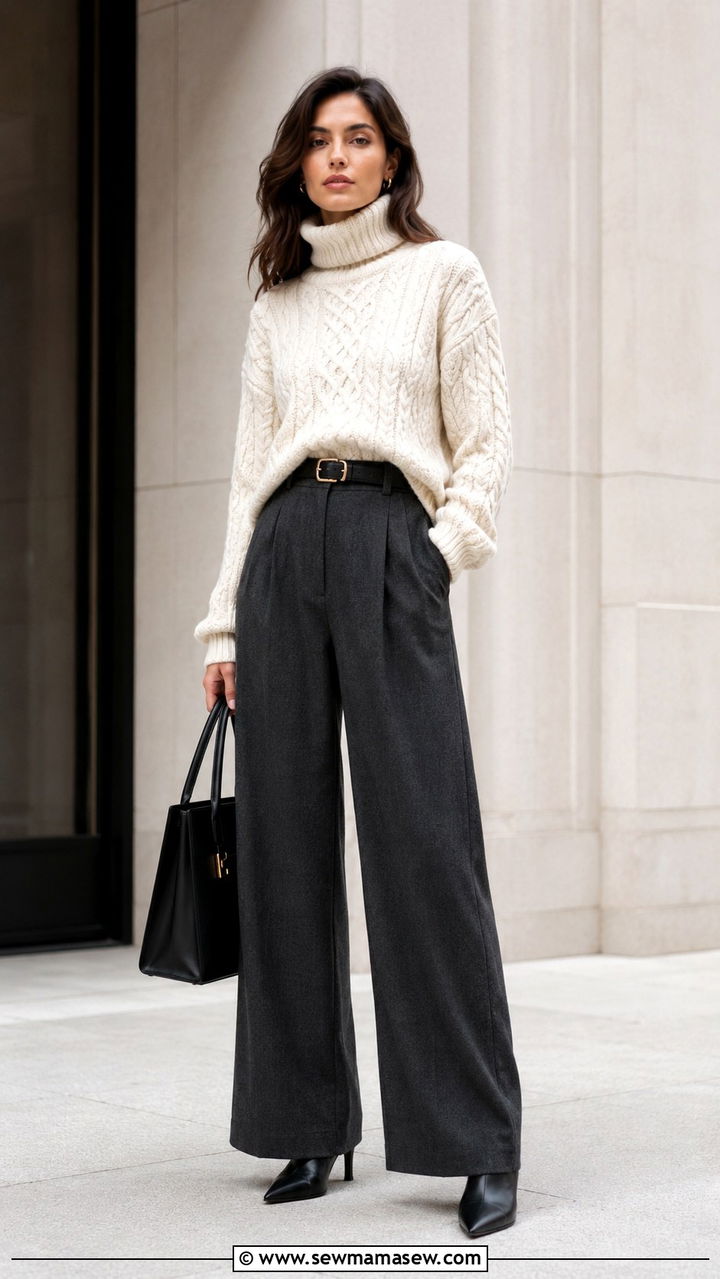 Cable Knit Turtleneck with Wide Leg Wool Trousers - 25 Old money outfit ideas with cable knit