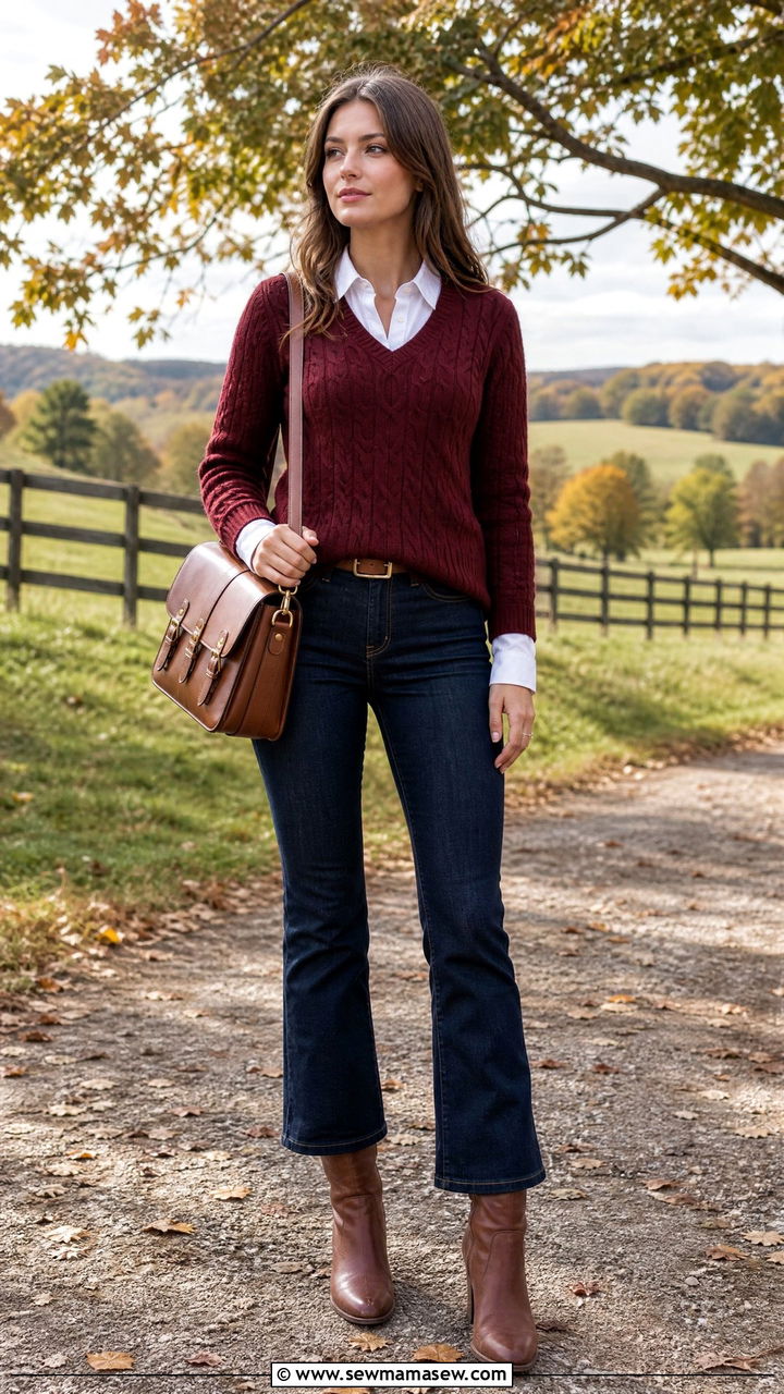 Cable Knit V Neck Sweater With Flare Jeans And Riding Boots - 30 Flare jeans outfit ideas with a sweater