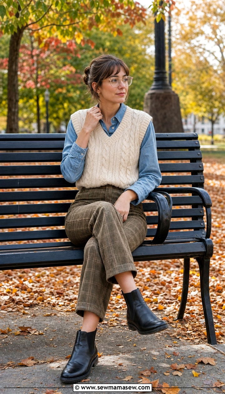Cable Knit Vest And Plaid Pants With Chelsea Boots - 25 cute librarian core outfits