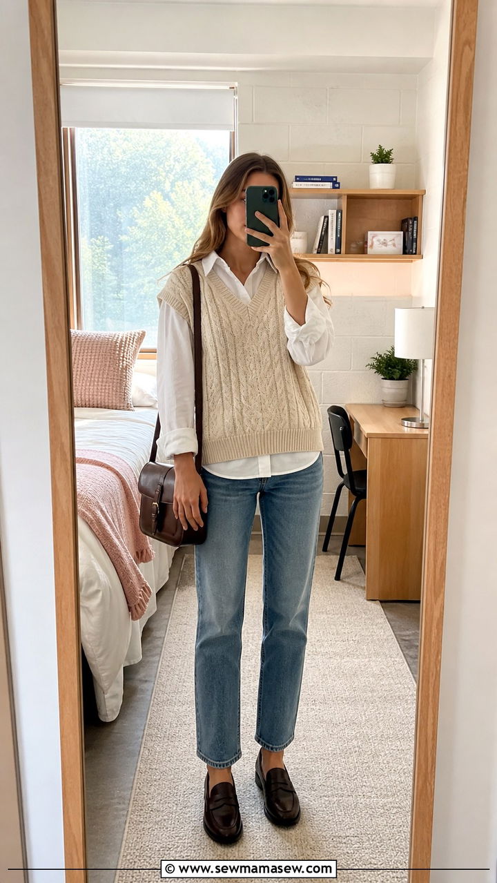 Cable Knit Vest And Straight Leg Jeans Outfit - 40 back to school outfits 2026