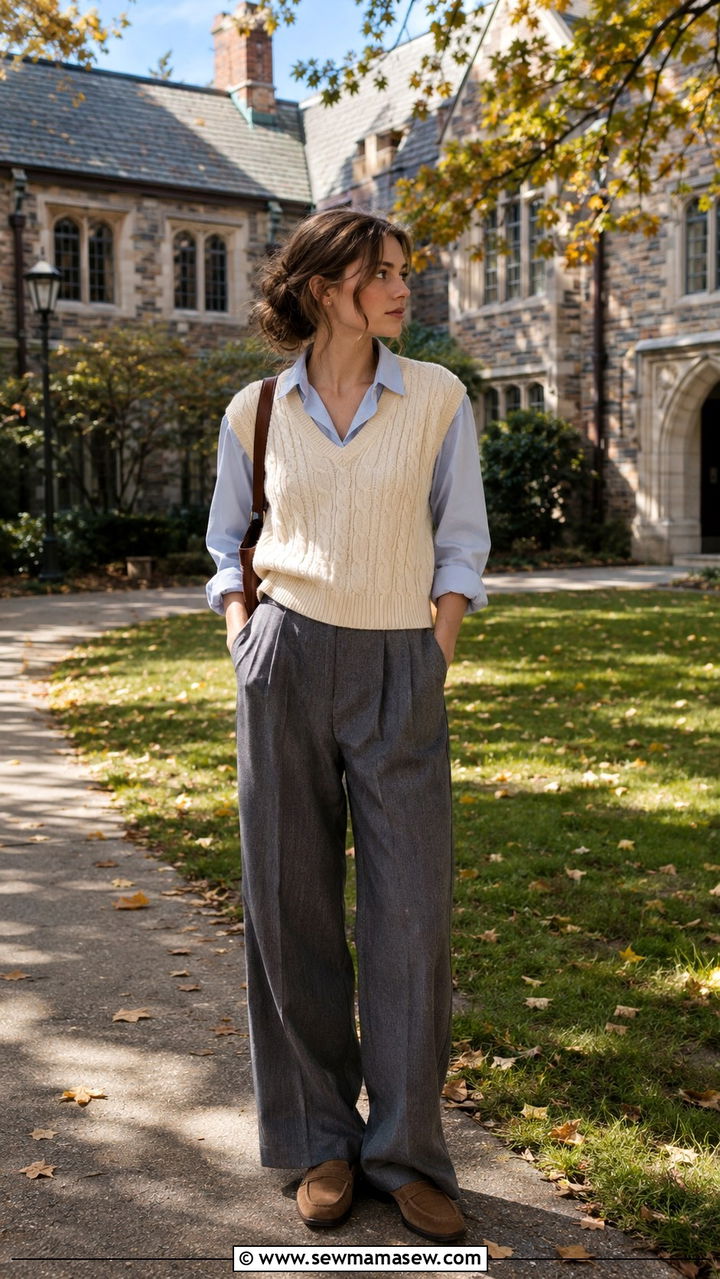 Cable Knit Vest Layered Over a Cotton Shirt With Wide Leg Trousers - 30 casual poetcore outfits
