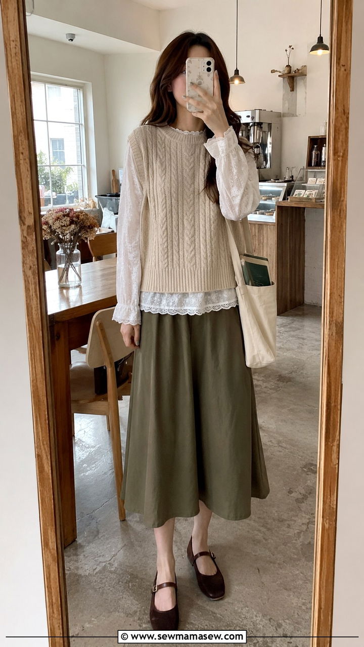 Cable Knit Vest Over Lace Blouse And Midi Skirt Outfit - 20 cute poetcore outfits