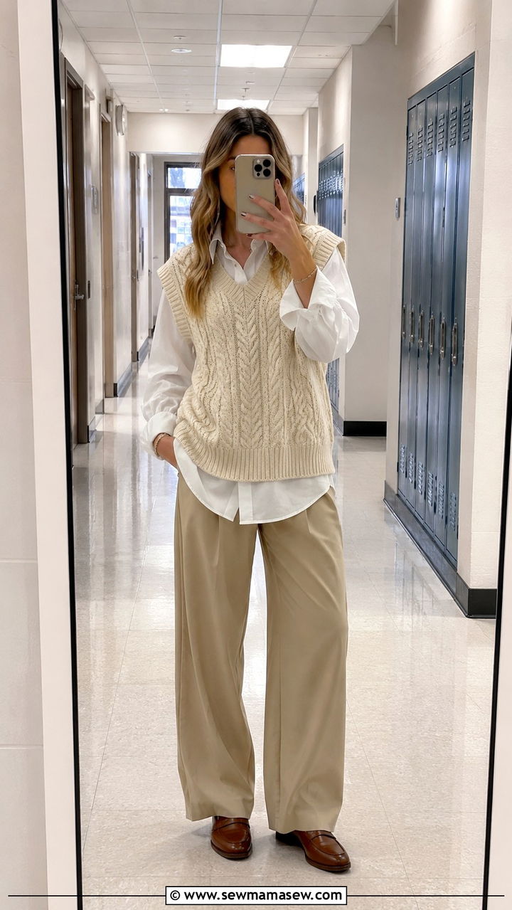 Cable Knit Vest Over Oversized Button Down - 30 transitional teacher outfit ideas