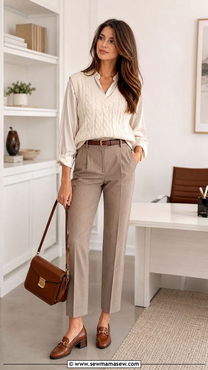 Cable Knit Vest Over Silk Shirt with Trousers - 20 Preppy spring outfits