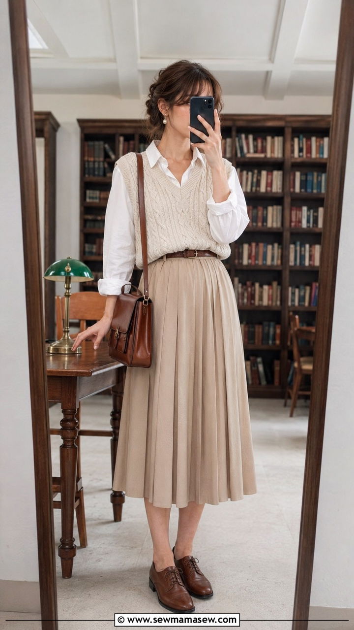 Cable Knit Vest Over White Blouse With Pleated Midi Skirt - 30 light academia outfits inspo
