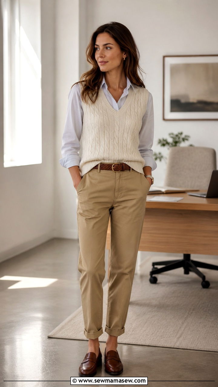 Cable Knit Vest With Chinos And Penny Loafers - 30 preppy outfit ideas for women