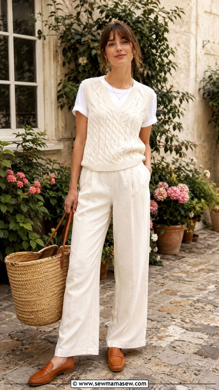 Cable Knit Vest With Cream Linen Trousers - 30 cute Paris outfits
