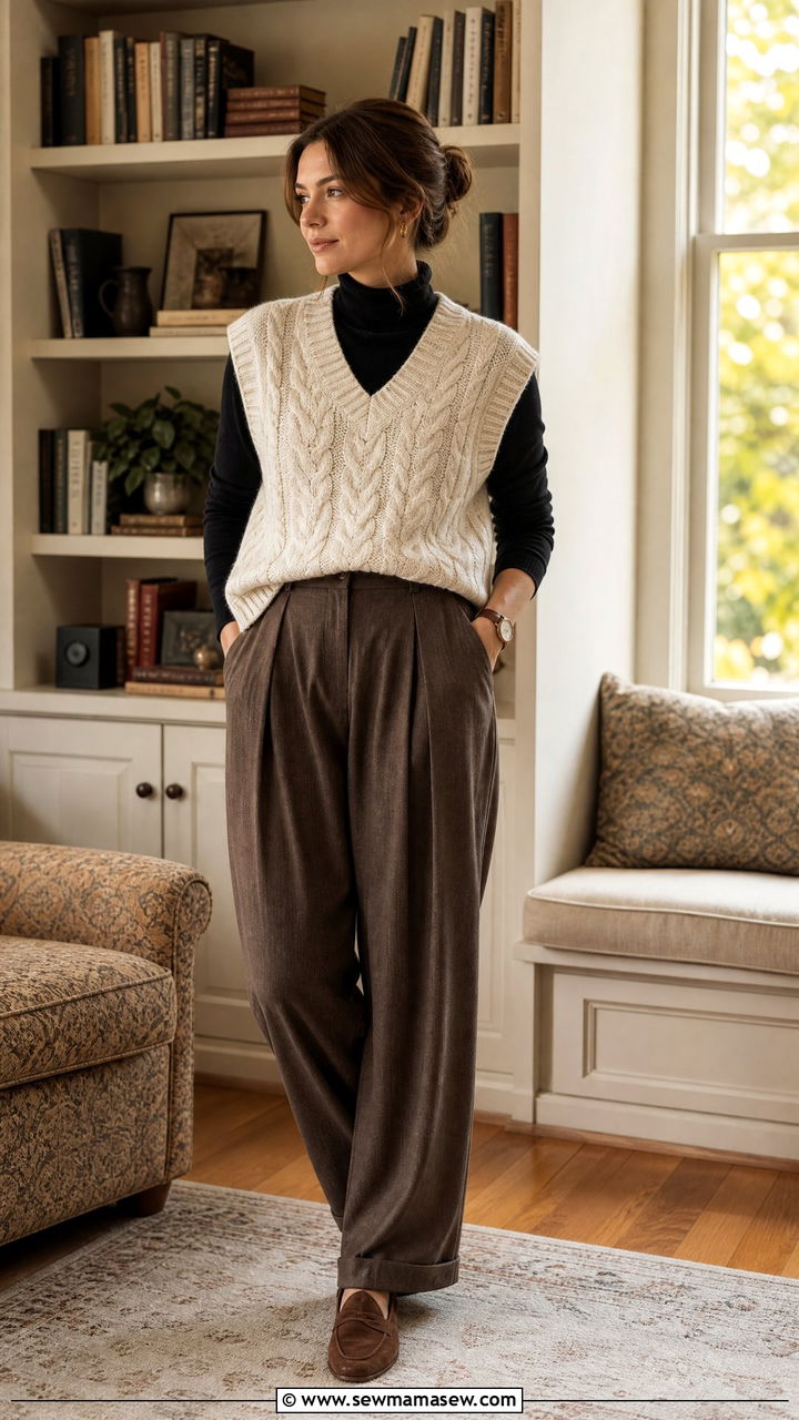 Cable Knit Vest and Pleated Trousers - 25 librarian core outfits aesthetic