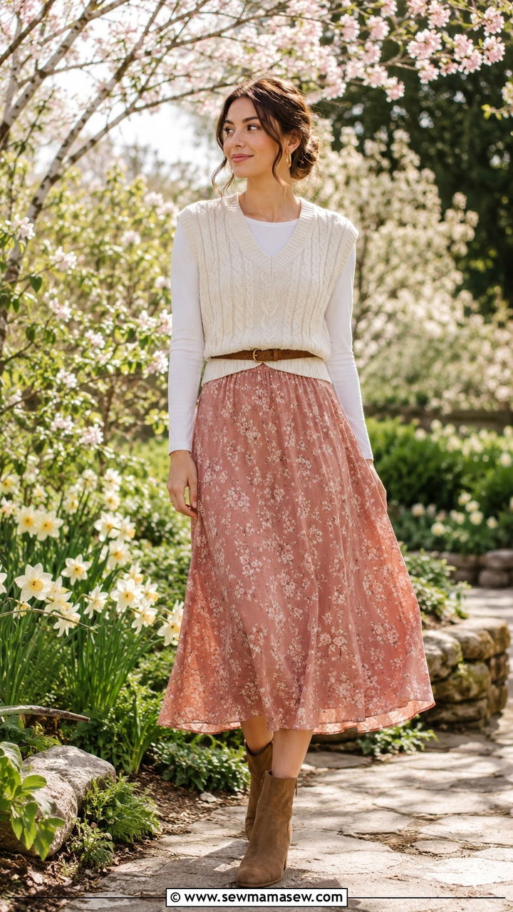 Cable Knit Vest with Floral Midi Skirt - 30 light academia outfits to copy