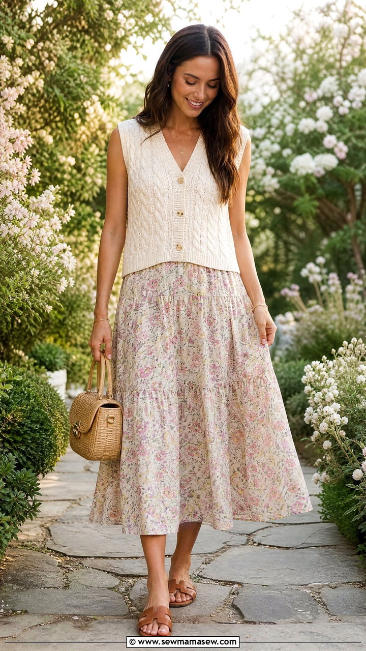 Cable Knit Vest with a Flowy Midi Skirt - 30 Summer knit outfits
