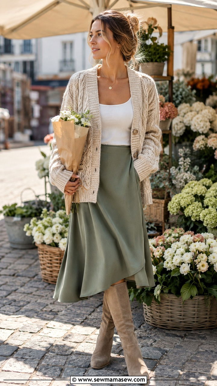 Cable knit cardigan and midi skirt - 30 Danish cozy outfit ideas