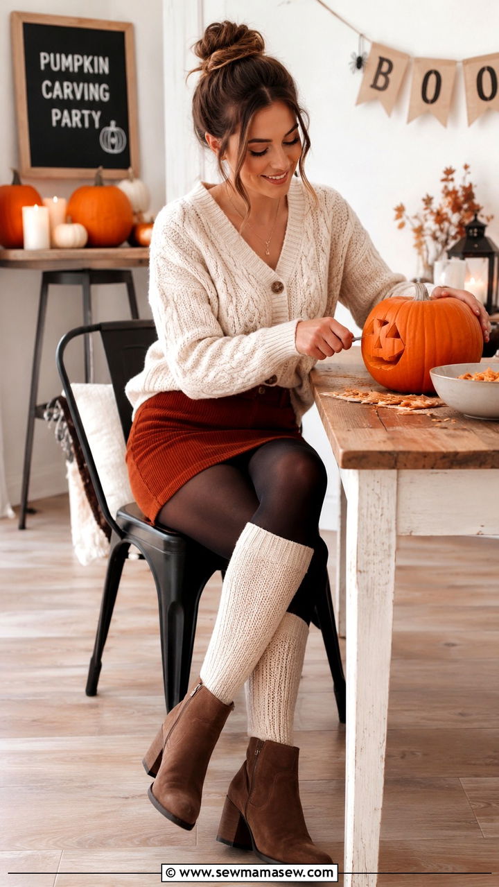 Cable knit cardigan with a mini skirt and knee high socks - 30 Pumpkin carving party outfit ideas