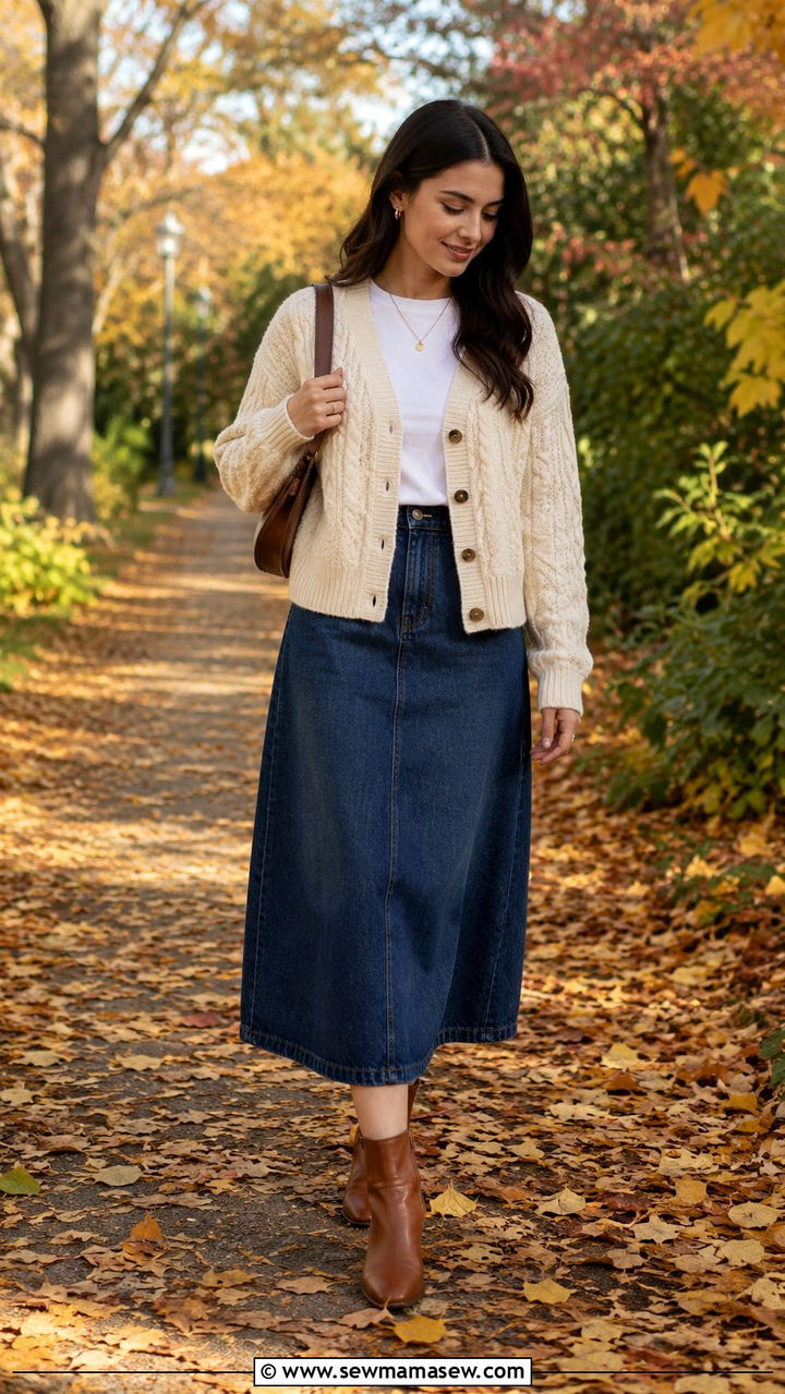 Cable knit cardigan with denim midi skirt - 30 Modest outfit ideas with cardigan