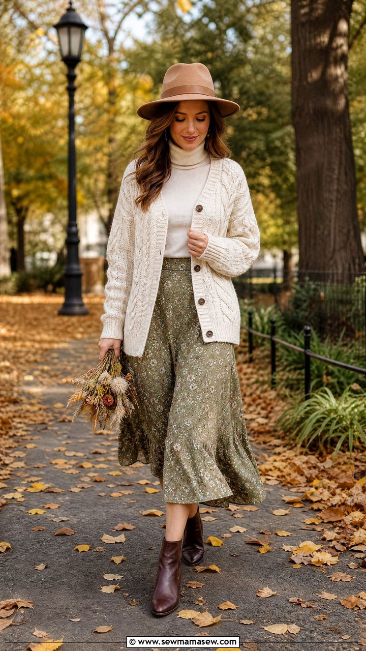 Cable knit cardigan with floral midi skirt - 25 classy cottagecore outfit ideas