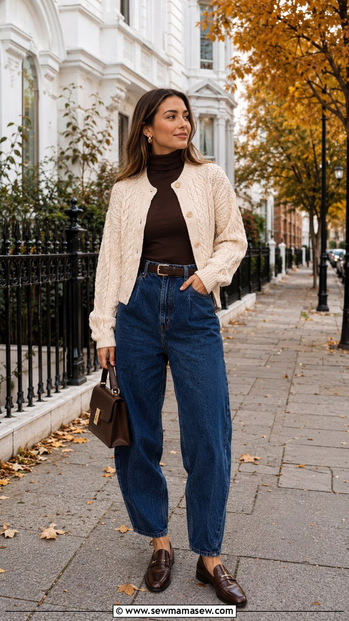 Cable knit cardigan with high waisted barrel jeans - 30 High waisted jeans outfit ideas with a cardigan