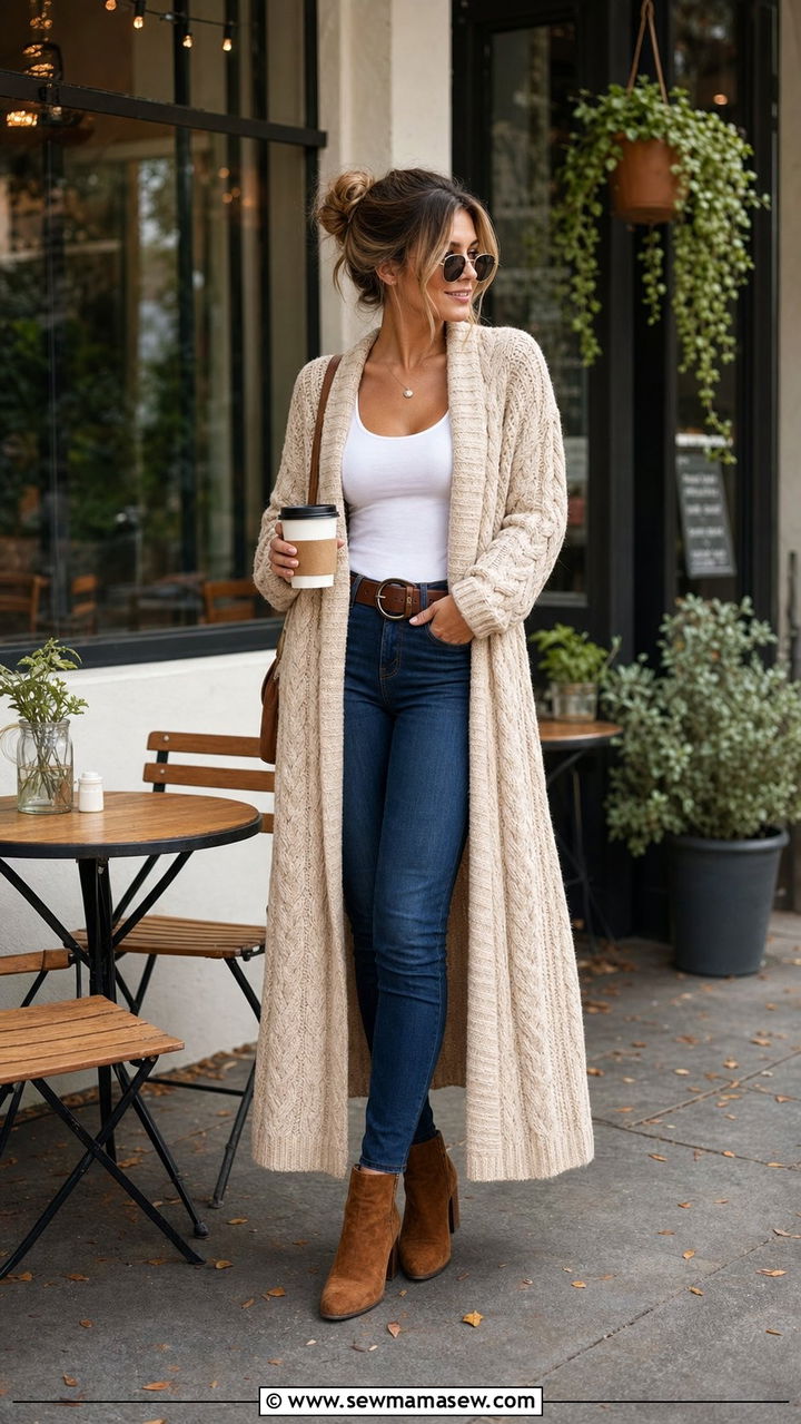 Cable knit cardigan with jeans and ankle boots - 35 Cable knit sweater outfit ideas