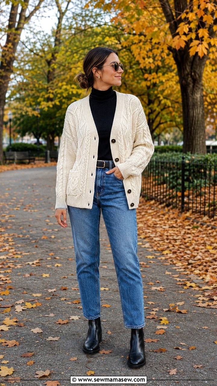 Cable knit cardigan with mom jeans and Chelsea boots - 30 Mom jeans outfit ideas with a cardigan