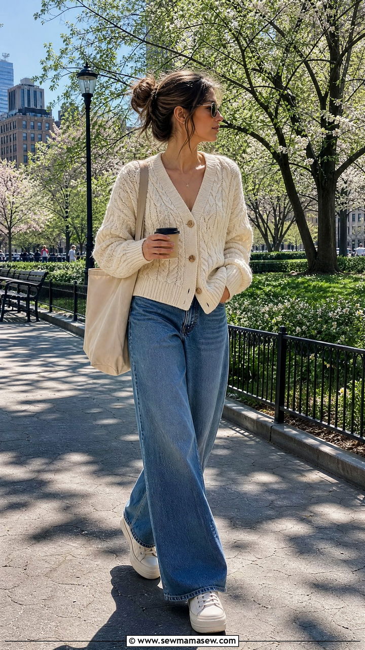 Cable knit cardigan with wide leg jeans - 25 chic cardigan outfit ideas