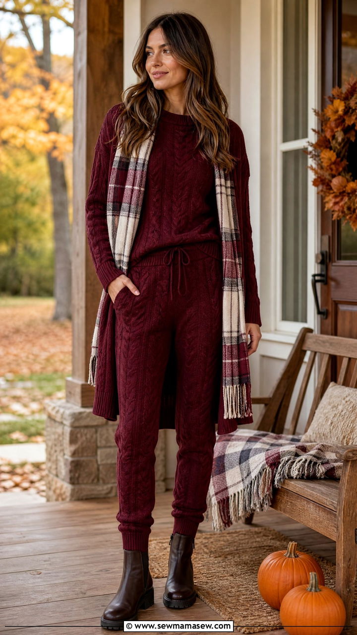 Cable knit lounge set with crewneck and joggers - 25 Loungewear 3 piece set outfit ideas