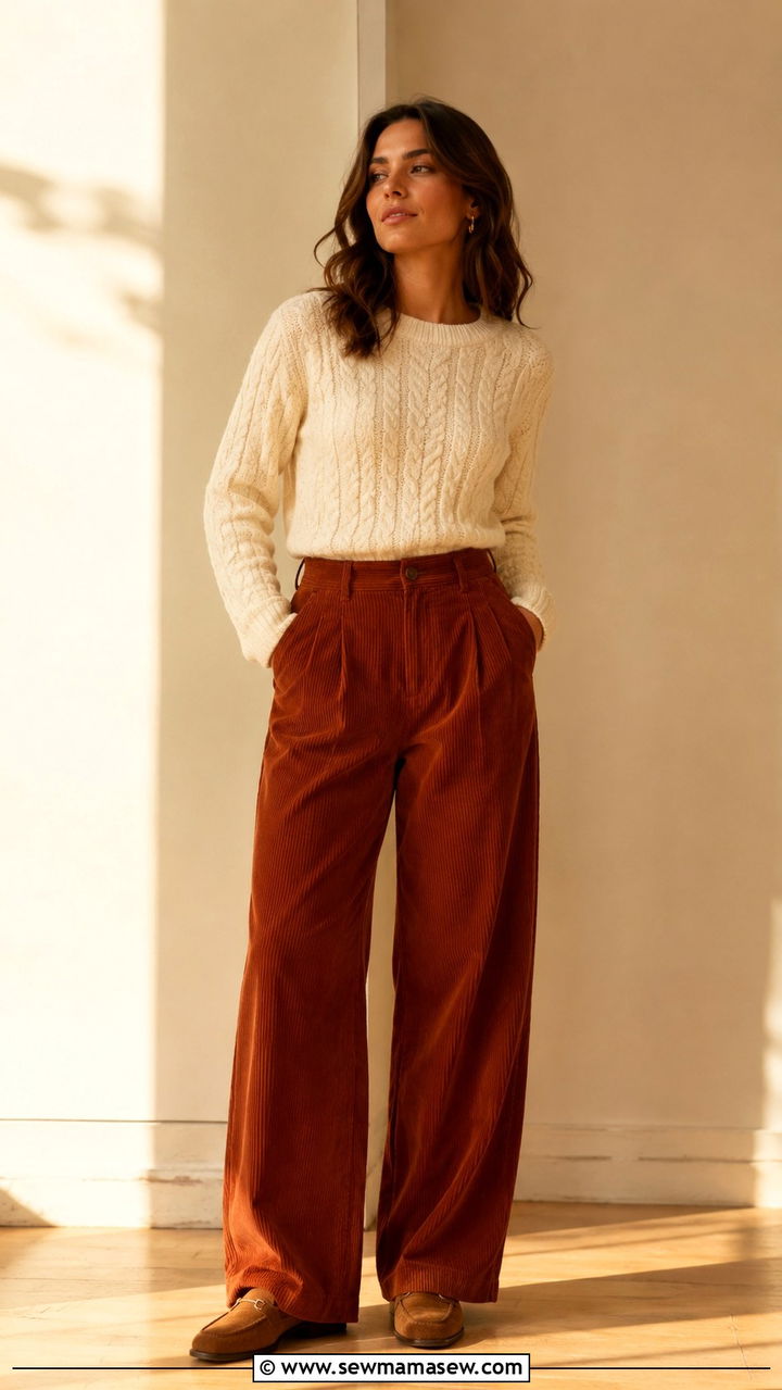 Cable knit pullover with corduroy pants outfit - 20 casual librarian core outfits