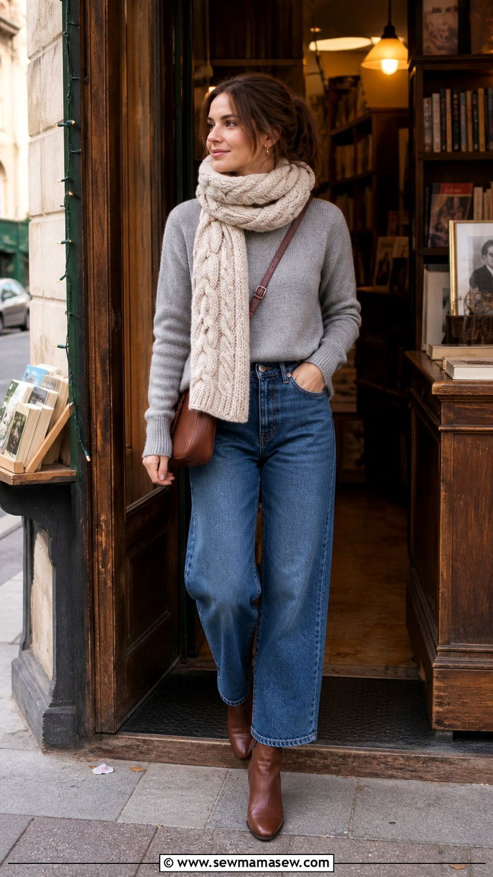 Cable knit scarf and barrel jeans outfit - 40 Paris outfits