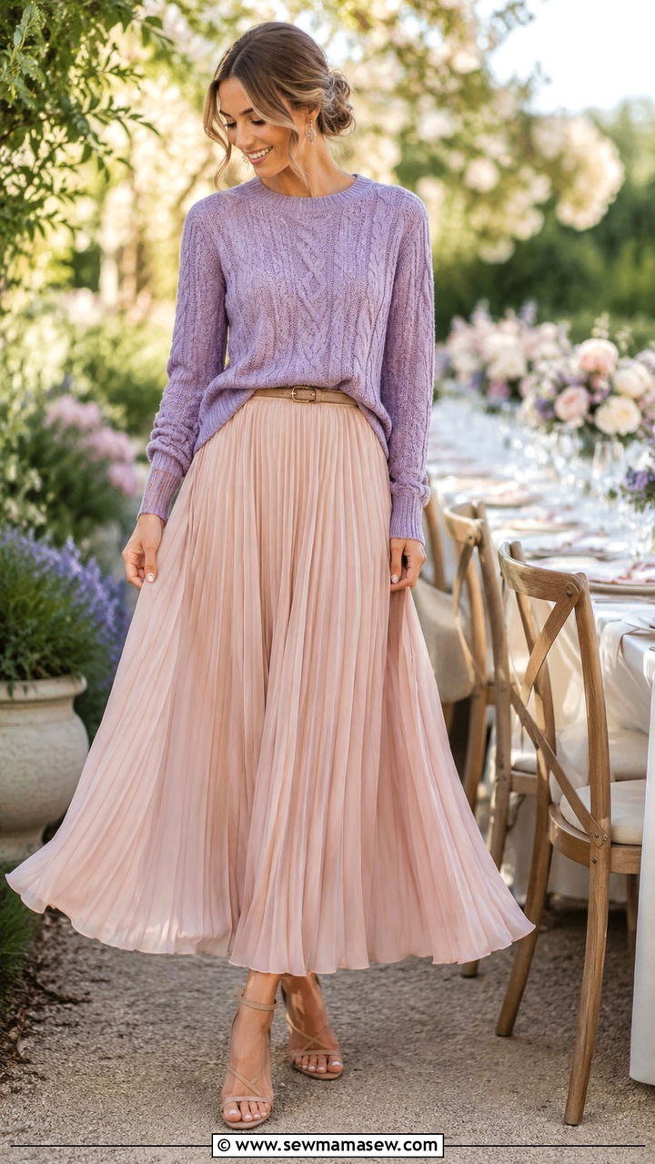 Cable knit sweater and chiffon pleated maxi skirt outfit - 30 Sweater and skirt matching set outfit ideas