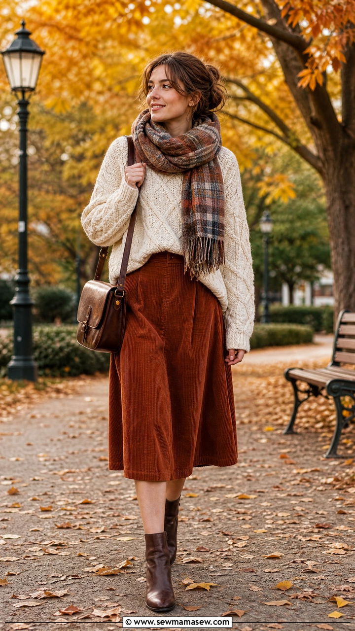 Cable knit sweater and corduroy midi skirt look - 25 librarian core outfits 2026