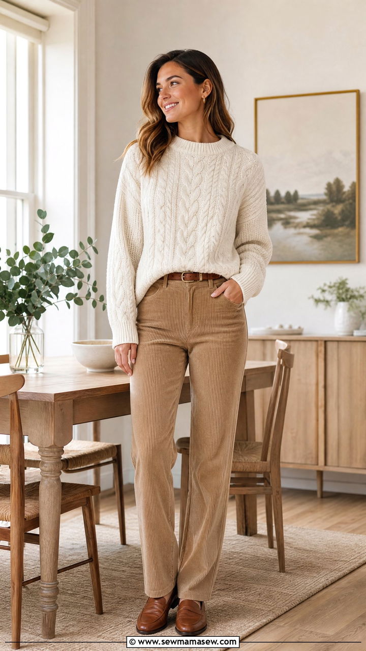 Cable knit sweater and corduroy pants - 30 Cozy loungewear outfit ideas