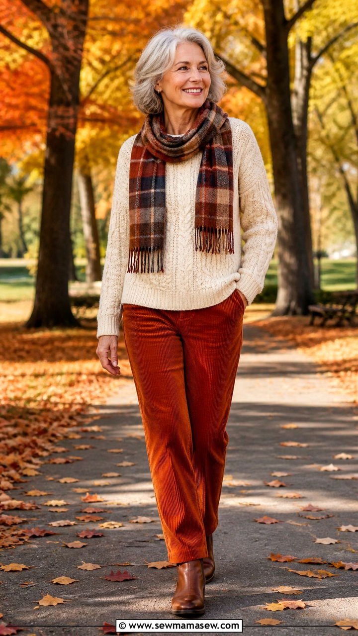 Cable knit sweater and corduroy pants outfit for women over 60 - 40 How to dress in your 60s